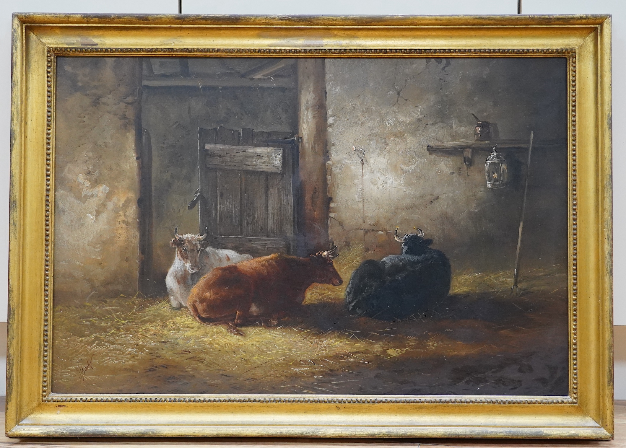John Baxter (1811-1886), oil on canvas, Resting cattle in a barn, signed, 49 x 74cm, gilt framed